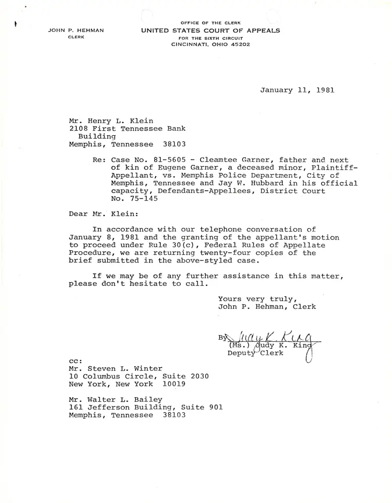 Correspondence from Clerk to Klein; from Clerk to Counsel preview