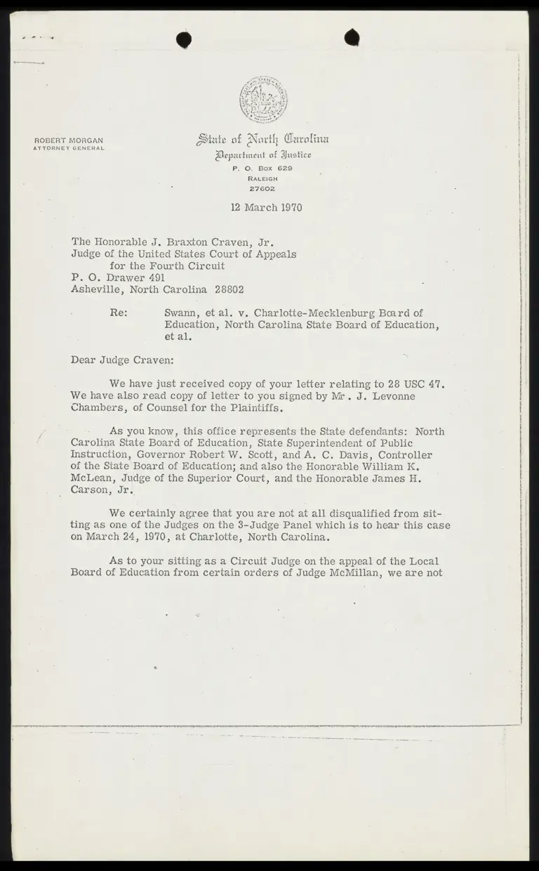 Letter from Atty Gen. Morgan to Judge Craven Jr. RE: Qualification for 3-Judge Panel preview