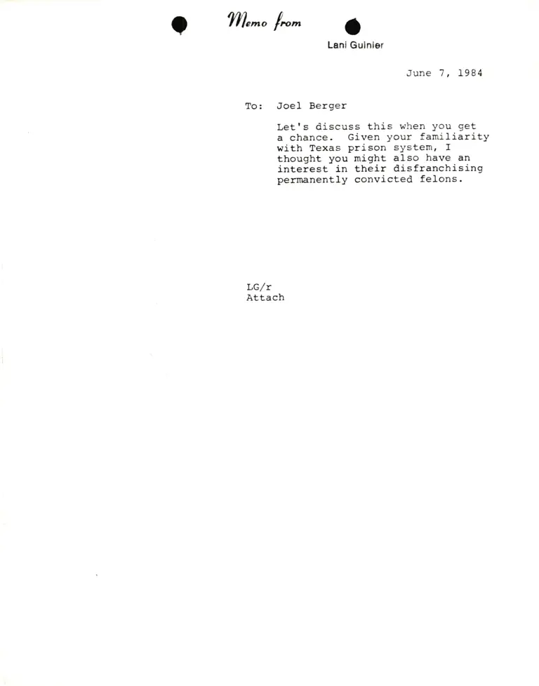 Memo from Lani Guinier to Joel Berger RE: Felon Disenfranchisement preview
