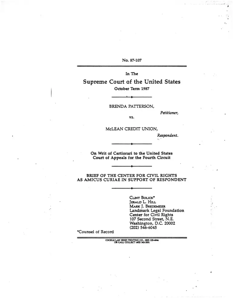 Patterson v. McLean Credit Union Brief of the Center for Civil Rights as Amicus Curiae in Support of Respondent preview