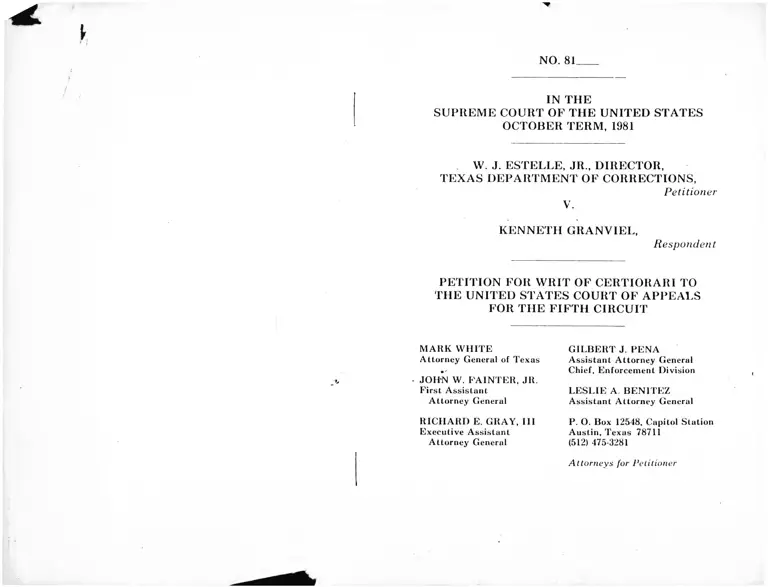 Estelle v. Granviel Petition for Writ of Certiorari to the US Court of Appeals for the Fifth Circuit preview