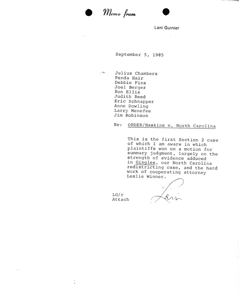 Memorandum from Lani Guinier to Chambers, Hair, Fins, Berger, Ellis, Reed, Schnapper, Dowling, Menefee, and Robinson Re ORDER/Haskins v. North Carolina preview