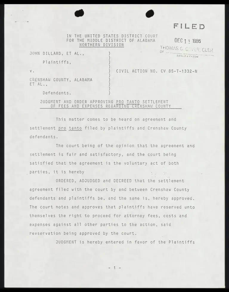 Judgment and Order Approving Pro Tanto Settlement of Fees and Expenses Re Crenshaw County preview