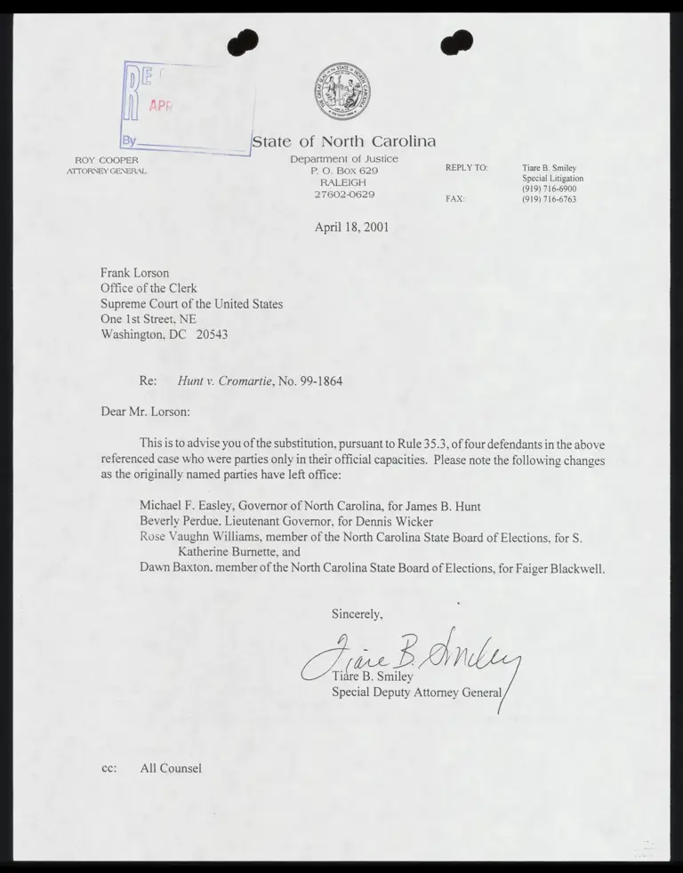 Correspondence from Smiley to Clerk Re: Substitution of Named Defendants preview