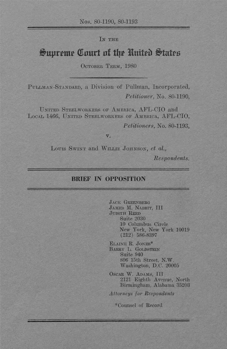 Pullman Standard Incorporated v. Swint Respondent's Brief in Opposition preview