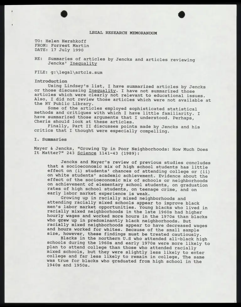 Correspondence from Martin to Hershkoff Re: Summaries and Reviews of Articles by Jencks preview