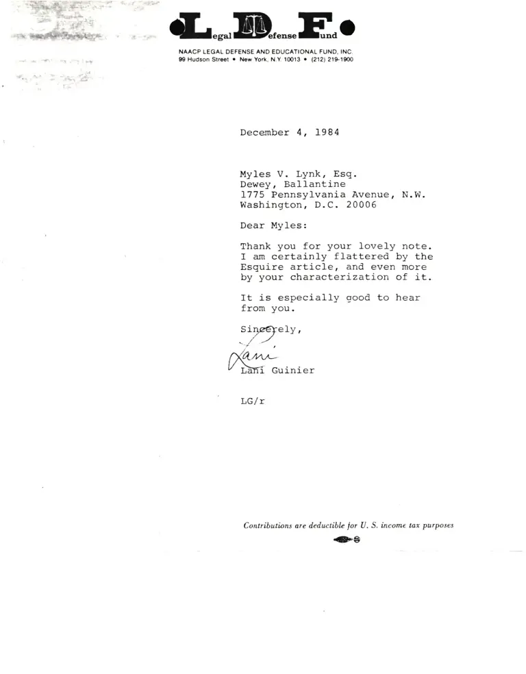 Letter from Lani Guinier to Myles V. Lynk Esq. RE: Esquire Article preview