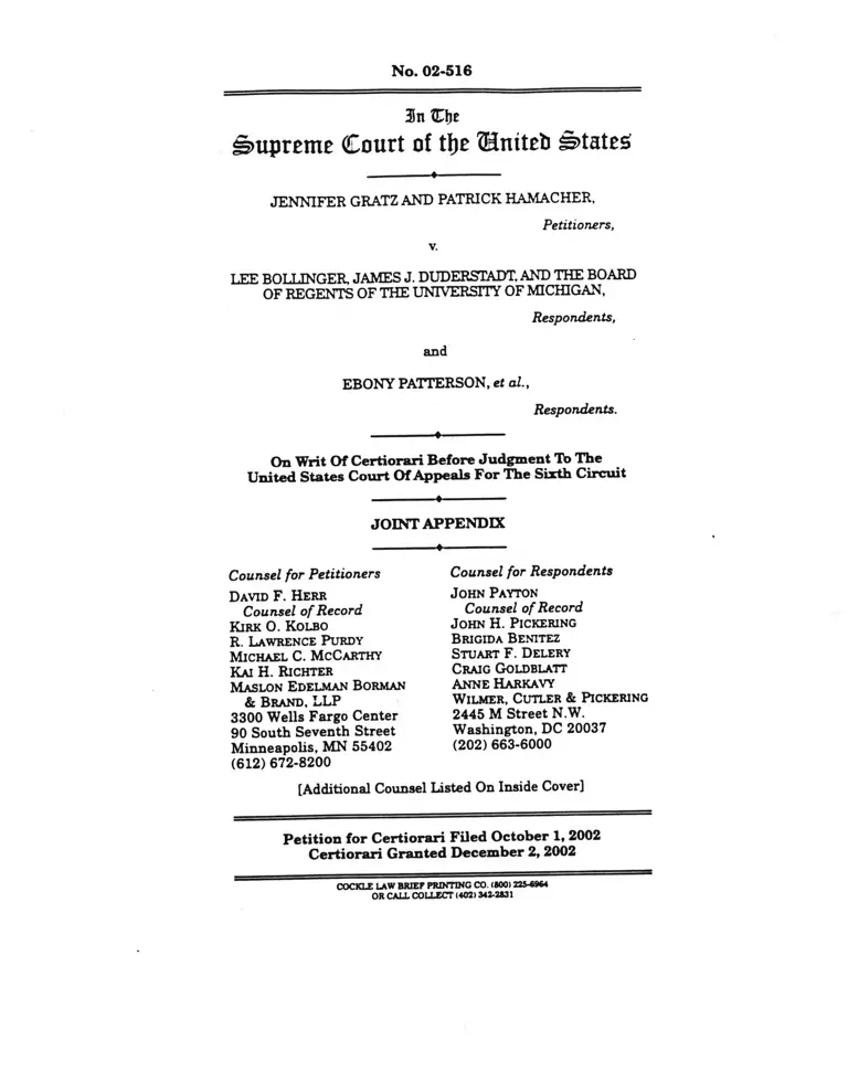 Gratz v. Bollinger Joint Appendix preview