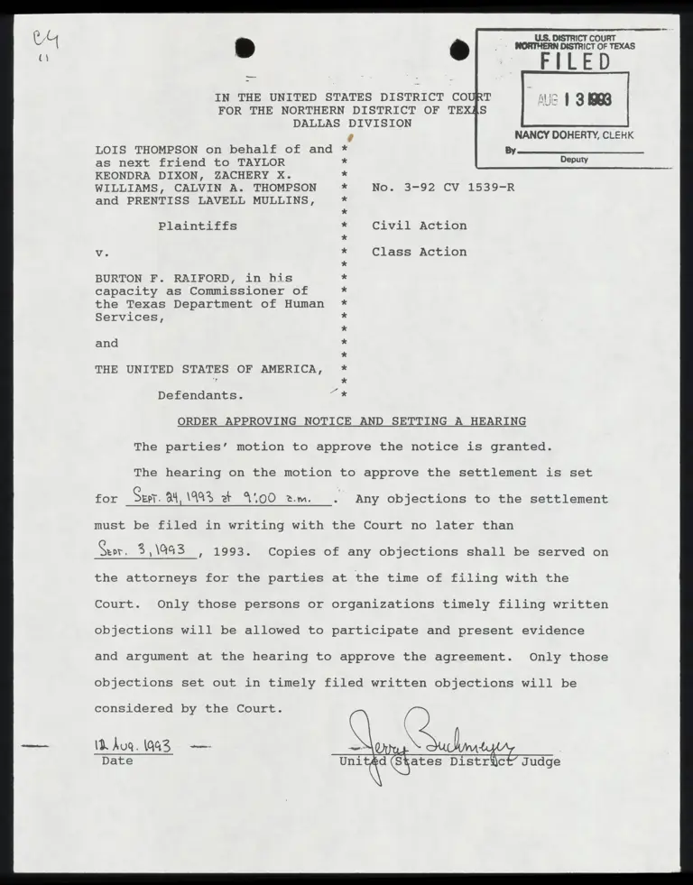 Order Approving Notice and Setting a Hearing preview