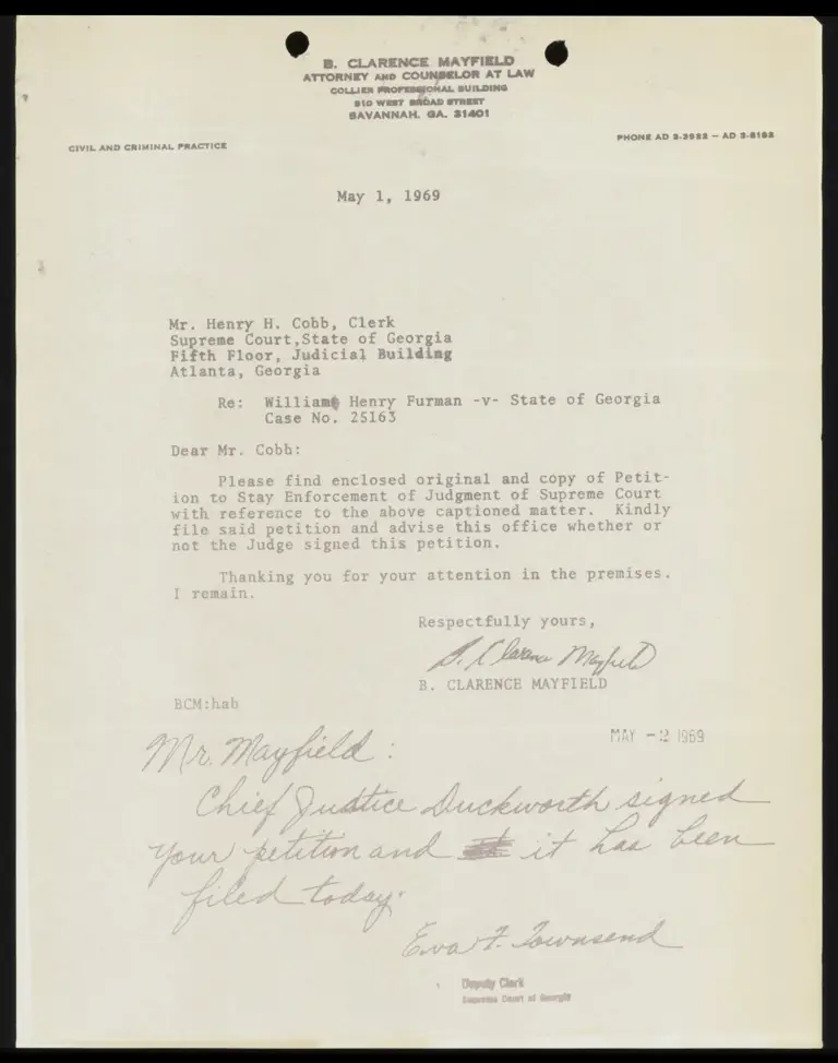 Correspondence from Mayfield to Clerk preview