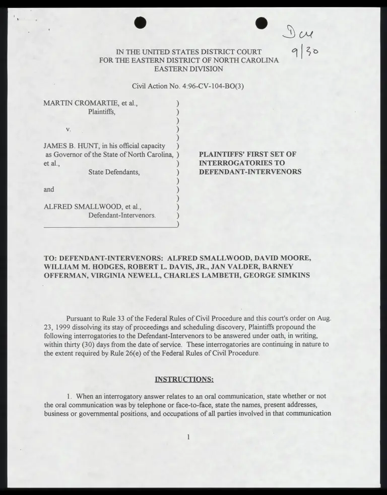 Plaintiffs' First Set of Interrogatories to Defendant-Intervenors with Certificate of Service preview