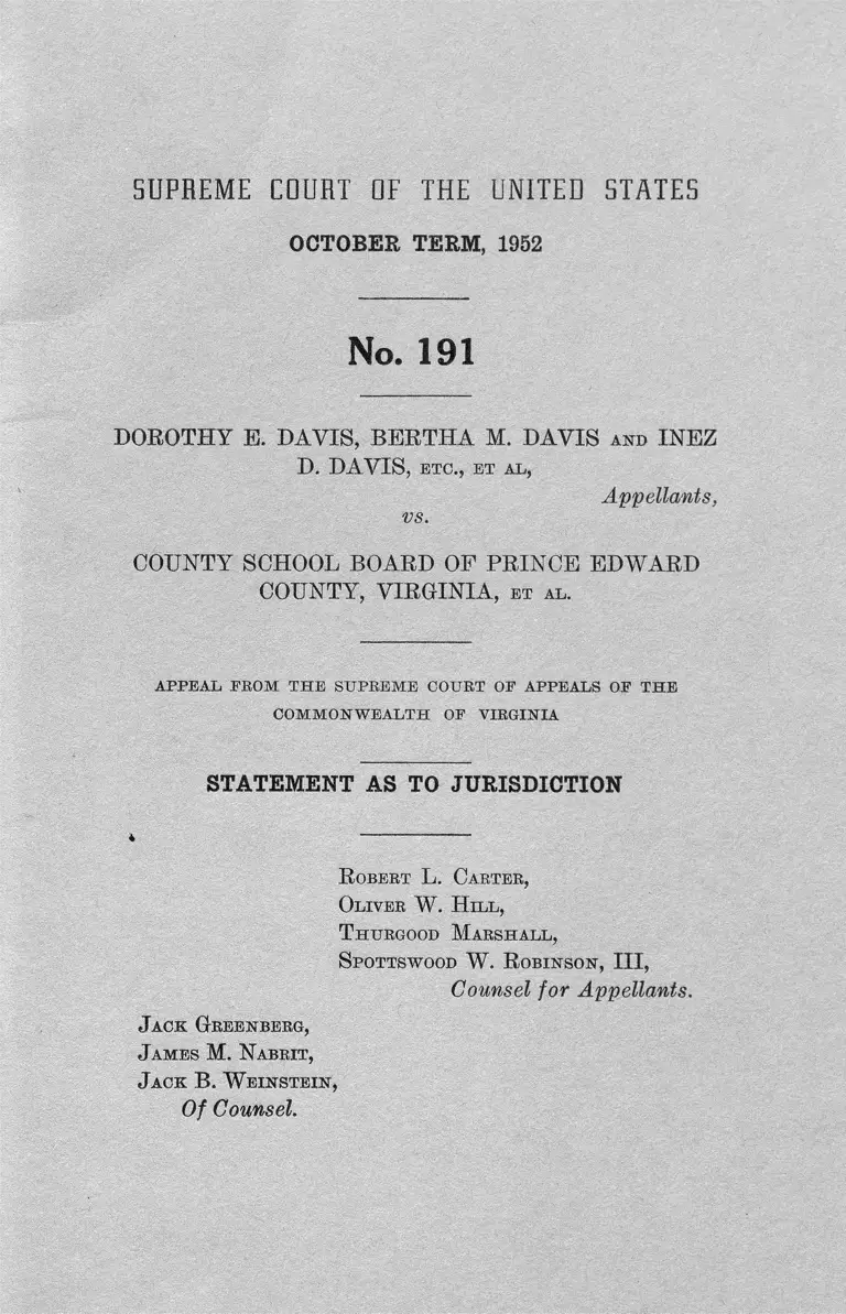 Davis v. Prince Edward County, VA School Board Statement as to Jurisdiction preview