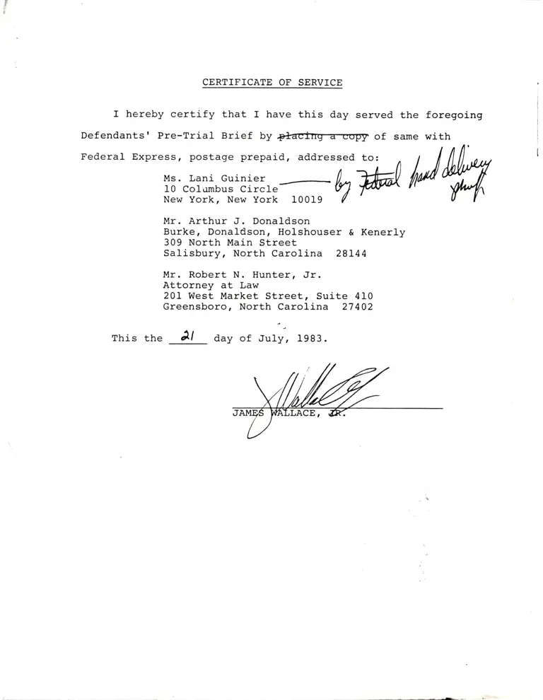 Annotated Certificate of Service for Defendants' Pre-Trial Brief preview
