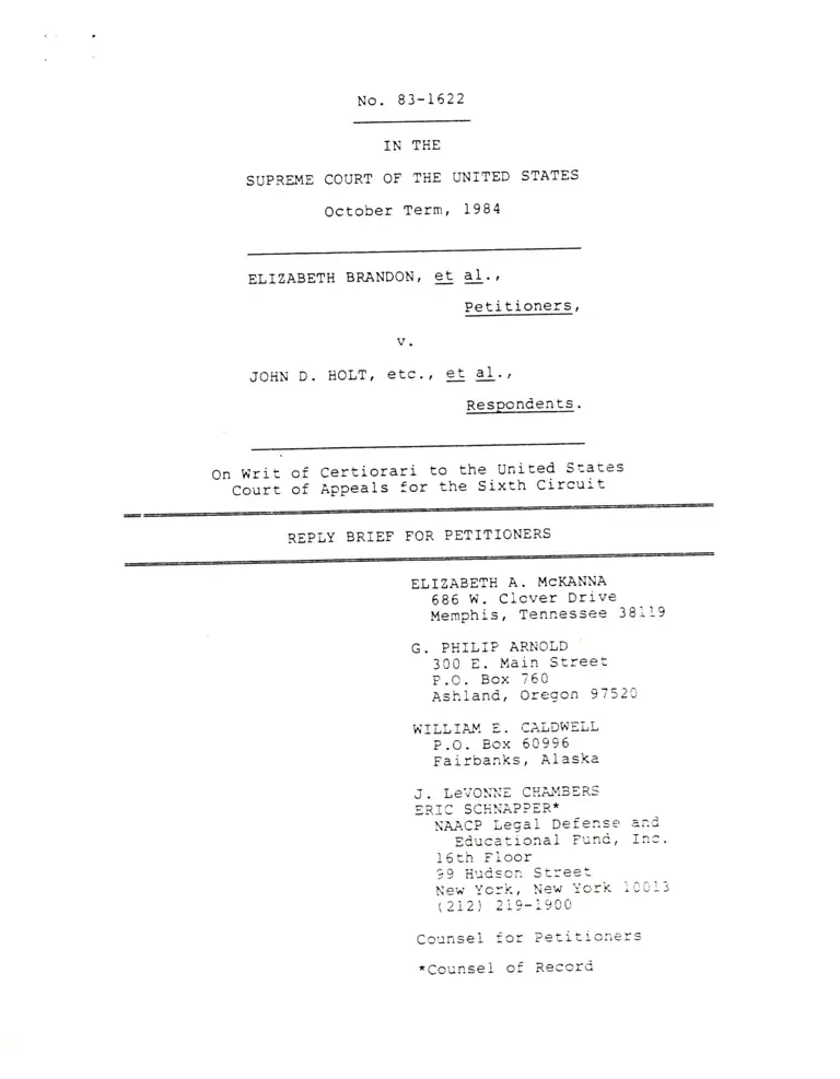 Brandon v. Holt Reply Brief for Petitioners preview