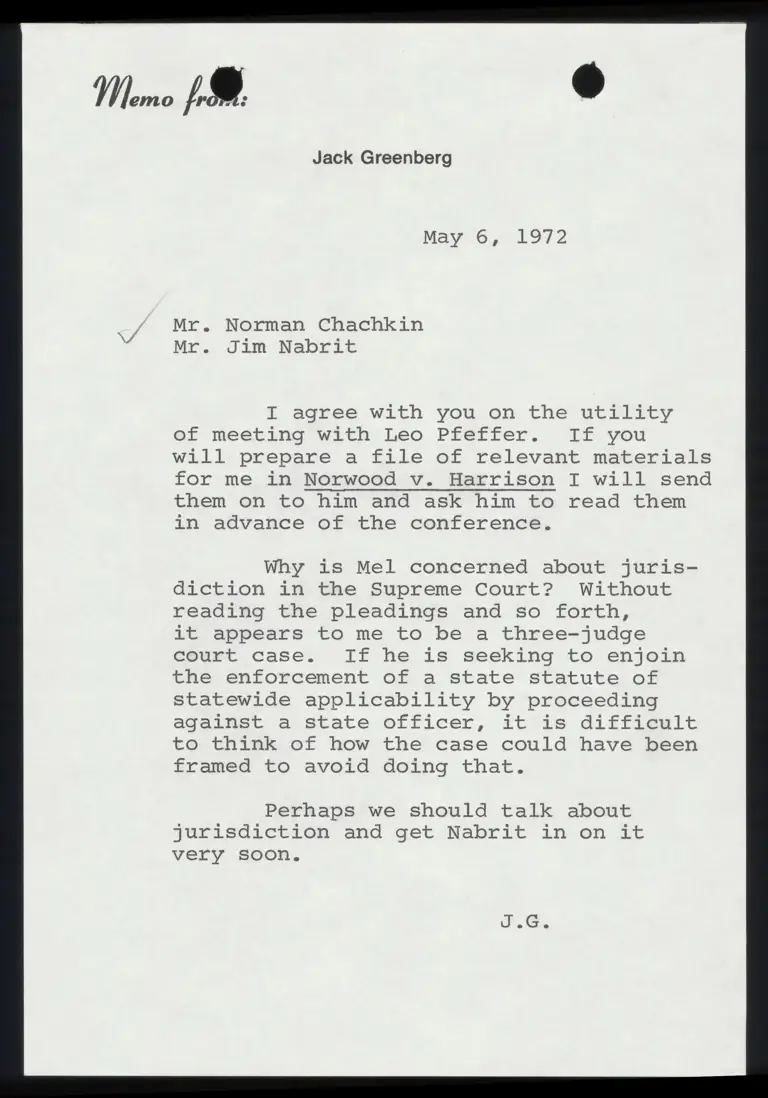 Memo from Greenberg to Chachkin and Nabrit Re: Pfeffer meeting and jurisdiction preview