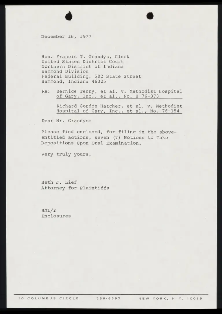 Correspondence from Lief to Clerk Re: Notices to Take Depositions preview