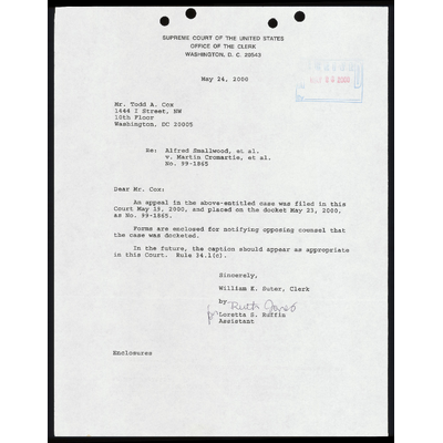 Letter to Cox from Suter RE: Case Docketed preview