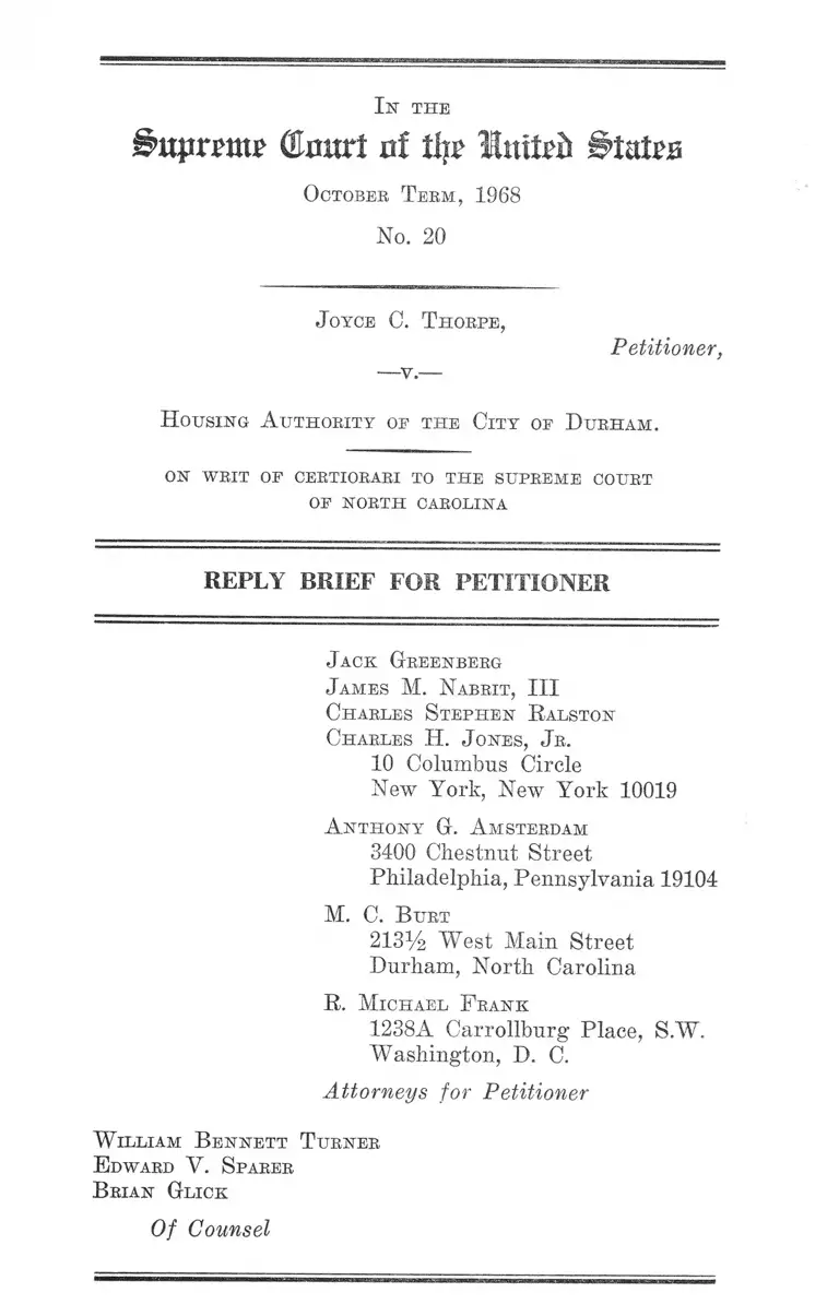 Thorpe v. Housing Authority of the City of Durham Reply Brief for Petitioner preview