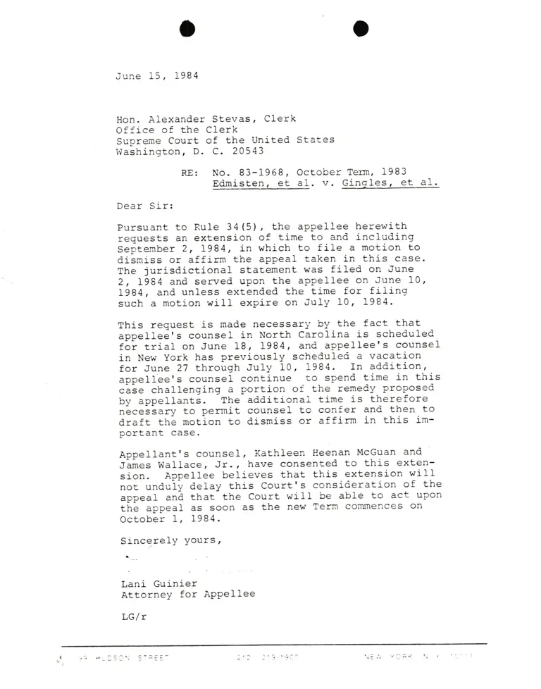 Letter from Lani Guinier to Hon. Alexander Stevas, Clerk RE: Edmisten, et al. v. Ginqles, et al. preview