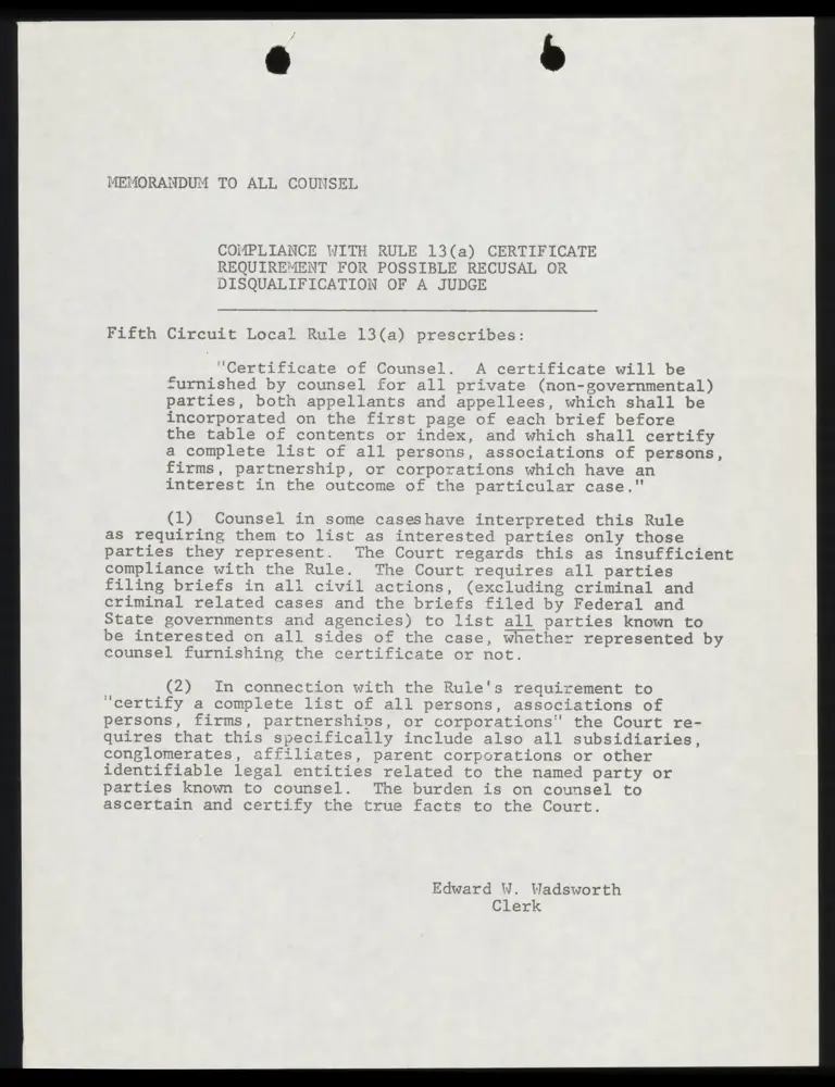 Memo from Clerk to Counsel Re: Compliance with Rule 13(a) preview