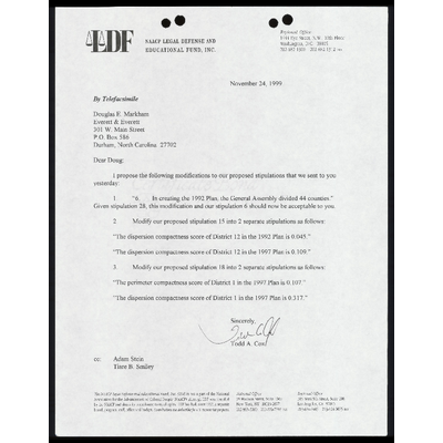 Fax from Cox to Markham, Stein, and Smiley RE: modifications tp stipulations preview