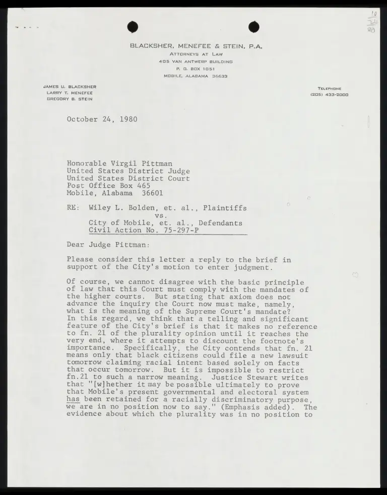 Correspondence from Blacksher to Judge Pittman preview