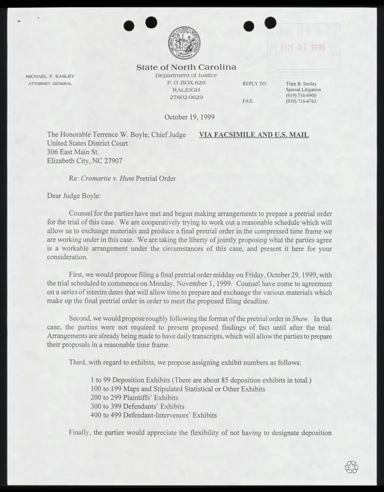 Letter to Judge Boyle from Smiley RE: Pretrial Order preview