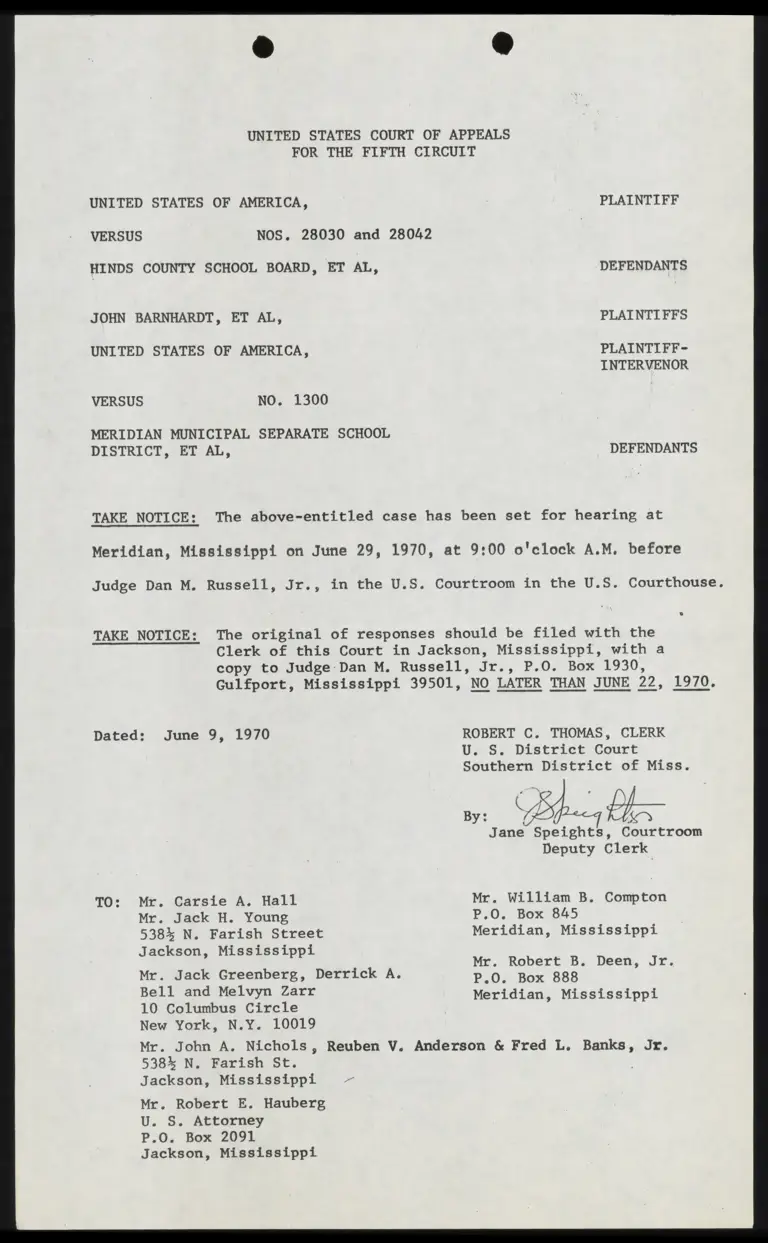 United States v. Meridian School District Notice to Set Hearing and File Response preview
