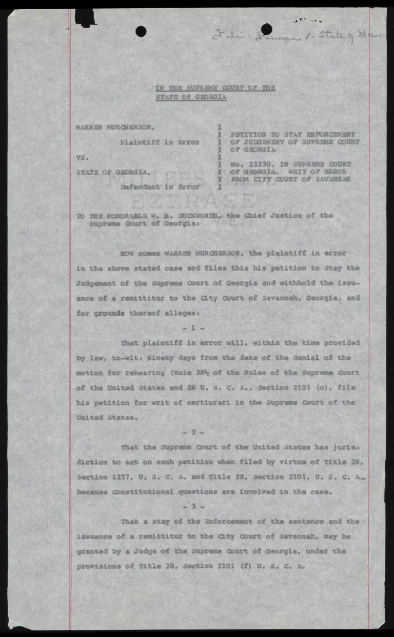 Murcherson v. Georgia Petition to Stay Enforcement of Judgment; Mayfield Oath of Counsel; Order Granting Stay preview