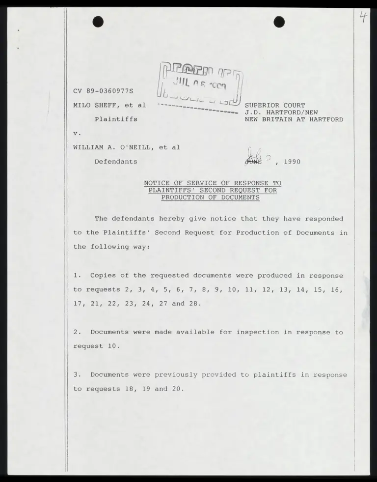 Notice of Service of Response to Plaintiffs' Second Request for Production of Documents preview