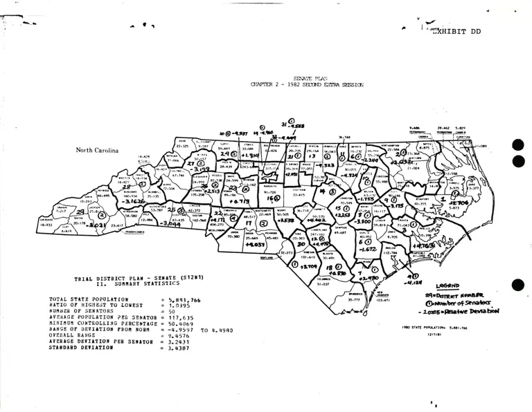 Map of Senate Plan Chapter 2 - 1982 Second Extra Session; Tables of Trial District Plan S12N1 List of Entities of District with Populations preview