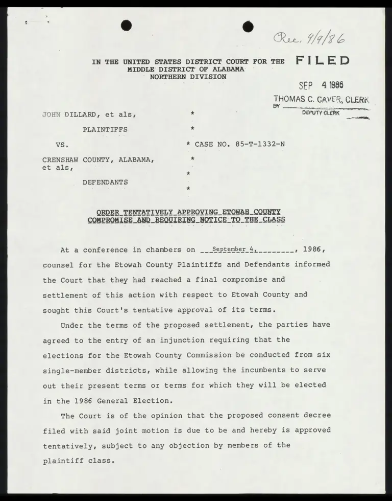 Order Tentatively Approving Etowah County Compromise and Requiring Notice; Notice to Class preview