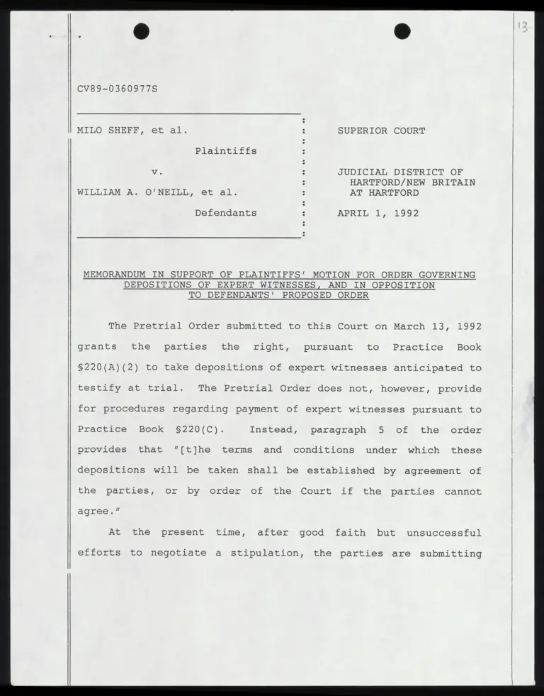 Memorandum Supporting Motion for Order Governing Expert Witnesses and Opposing Defendants' Proposed Order preview