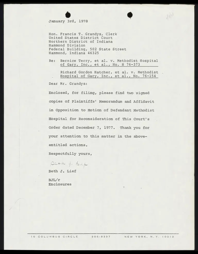 Correspondence from Lief to Clerk Re: Memorandum and Affidavit preview
