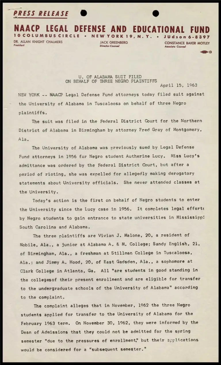U. of Alabama Suit Filed on Behalf of Three Negro Plantiffs preview
