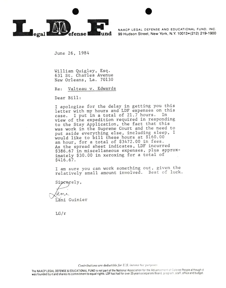 Letter from Lani Guinier to William Quigley Esq. RE: Valteau v. Edwards preview