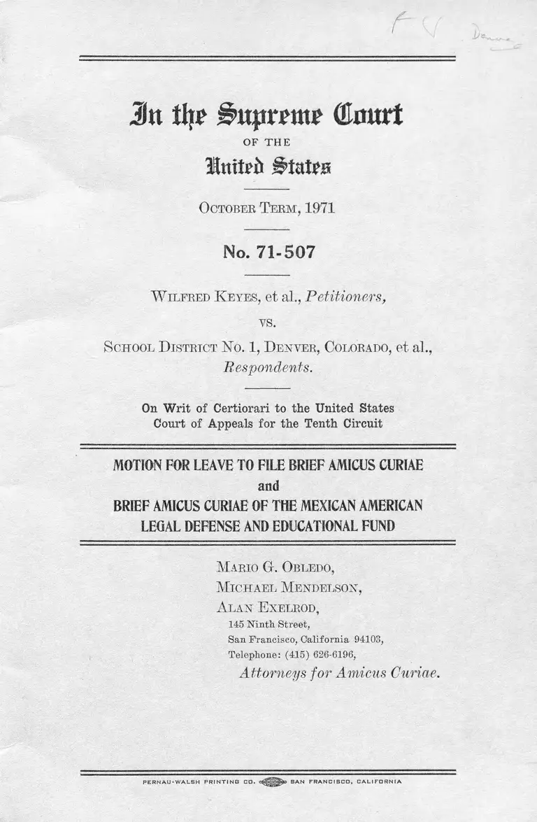 Keyes v. School District No. 1 Denver, CO. Motion for Leave to File Brief and Brief Amici Curiae preview