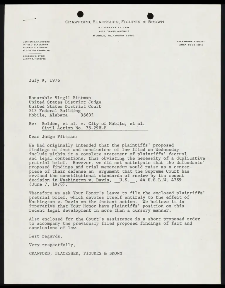 Plaintiffs’ Pre-Trial Brief with Letter to Judge Pittman RE: Washington v. Davis preview