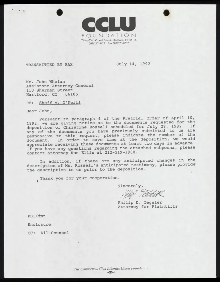 Correspondence from Tegeler to Whelan with Rossell Deposition Subpoena preview