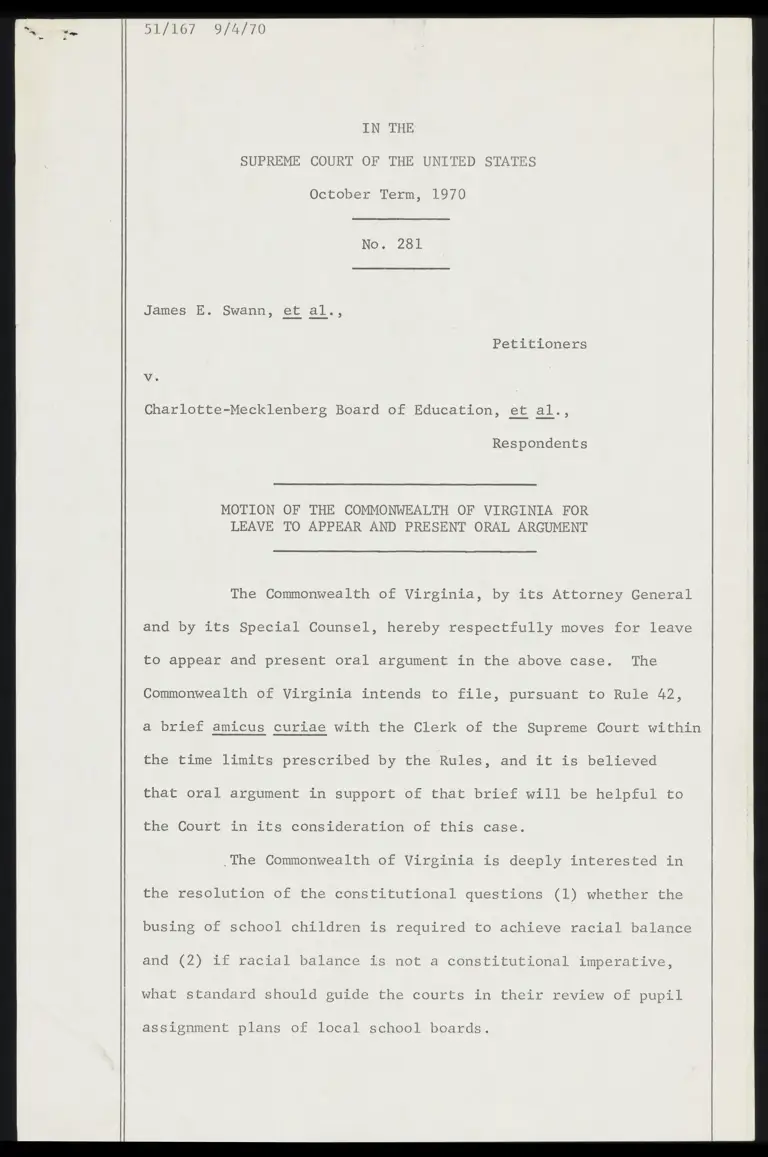 Motion of the Commonwealth of Virginia for Leave to Appear and Present Oral Argument preview