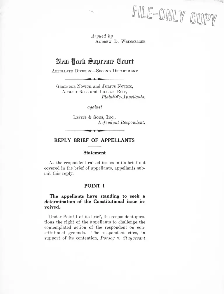 Novick v. Levitt & Sons, Inc. Reply Brief of Appellants preview