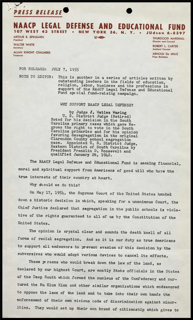 Why Support NAACP Legal Defense? By Judge J. Waties Waring preview