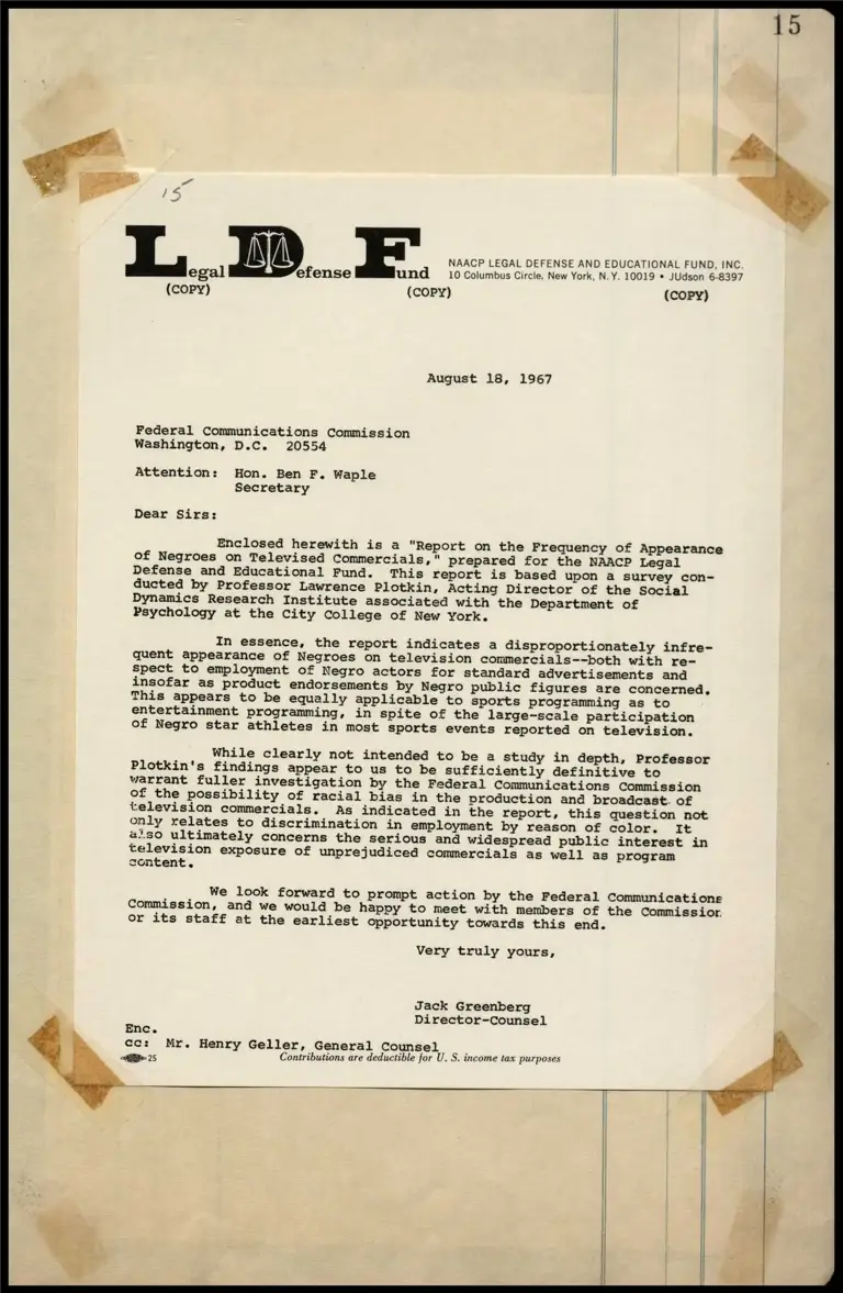 Letter from Greenberg to Federal Commission and "Report on the Frequency of Appearance of Negroes on Television Commercials" preview