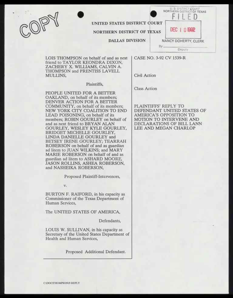 Plaintiffs' Reply to Defendant's Opposition to Motion to Intervene and Declarations of Bill Lann Lee and Megan Charlop preview