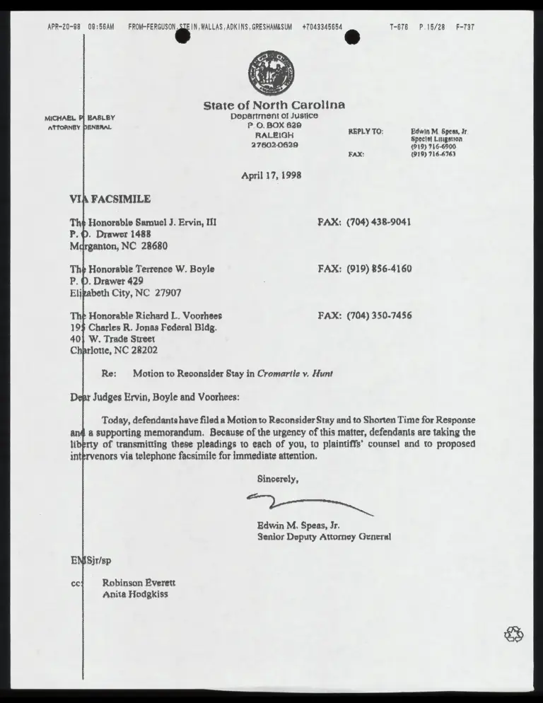 Letter to Judges Ervin, Boyle & Voorhees from Speas, Jr. RE: Motion to Reconsider Stay and Shorten Time For Response preview