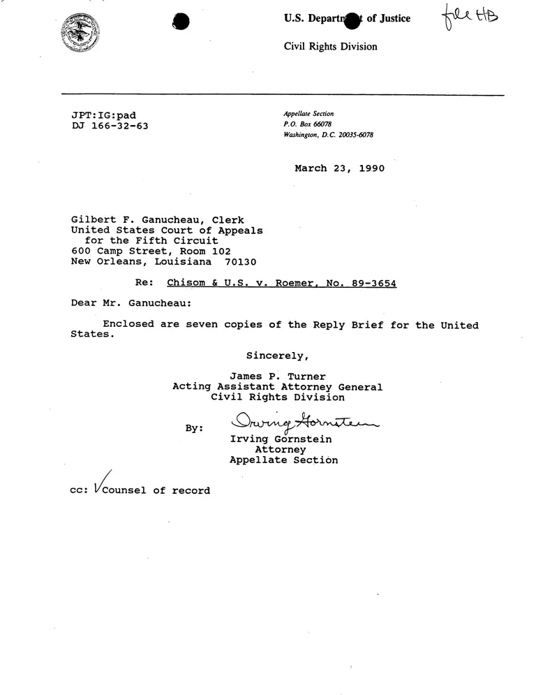 Correspondence from Turner to Ganucheau (Clerk); Reply Brief for the United States preview