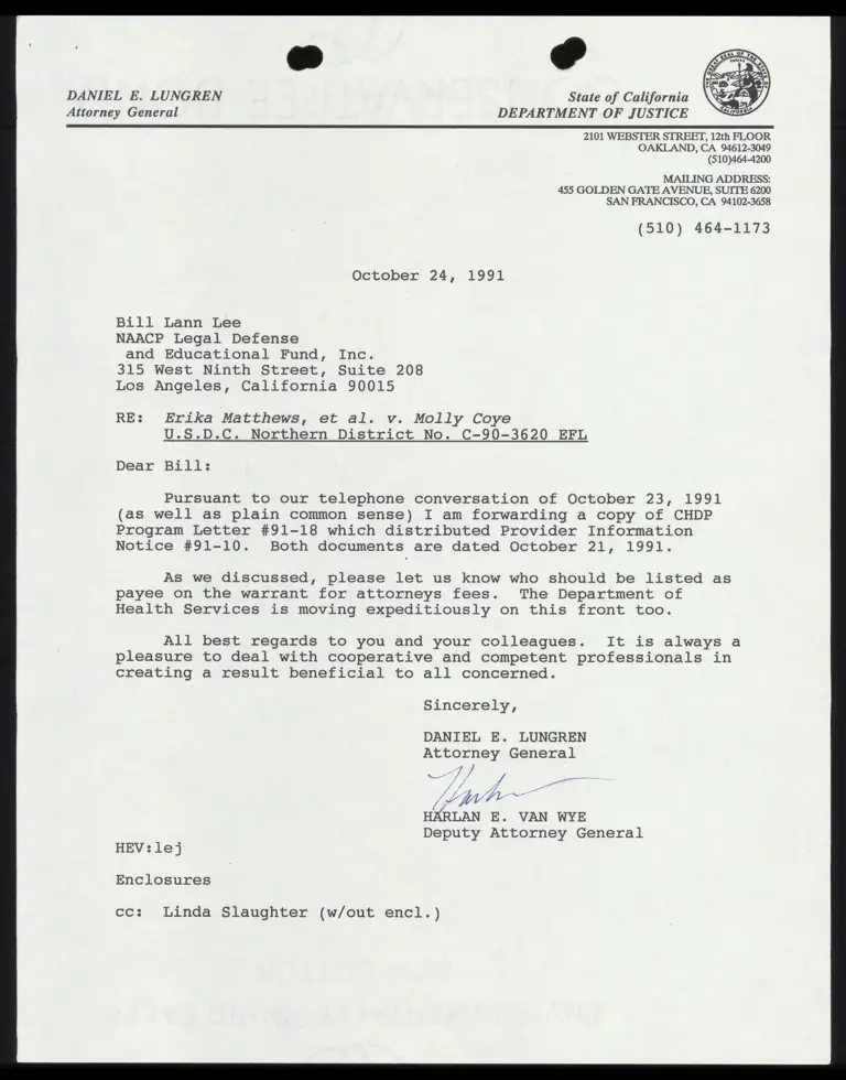 Letter From Attorney General Lungren to Lann Lee RE: CHDP Program Letter #91-18 preview