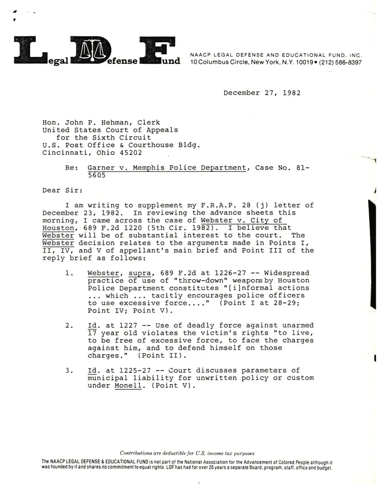 Correspondence from Winter to Clerk Re: Supplement to F.R.A.P. 28 (j) Letter preview
