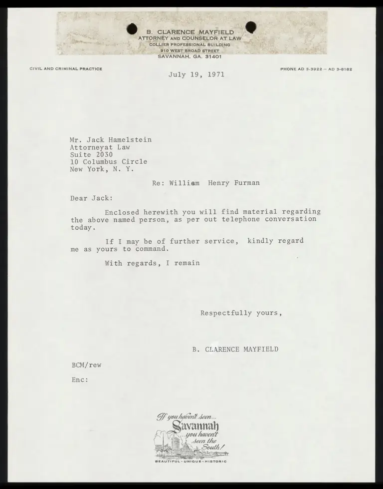 Correspondence from Mayfield to Himmelstein Re Furman Documents preview