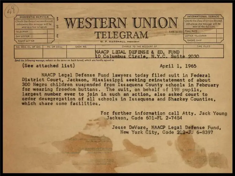 LDF Files Suit Seeking Reinstatement of 300 Negro Issaquena County, Miss. Pupils Suspended for Wearing Freedom Buttons (Telegram) preview